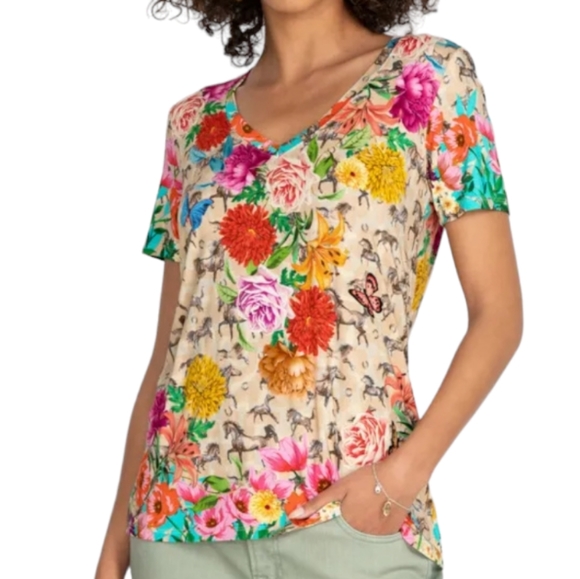 Johnny Was Tops - Johnny Was Lace Garden Favorite V-Neck Tee Top - Size XXL